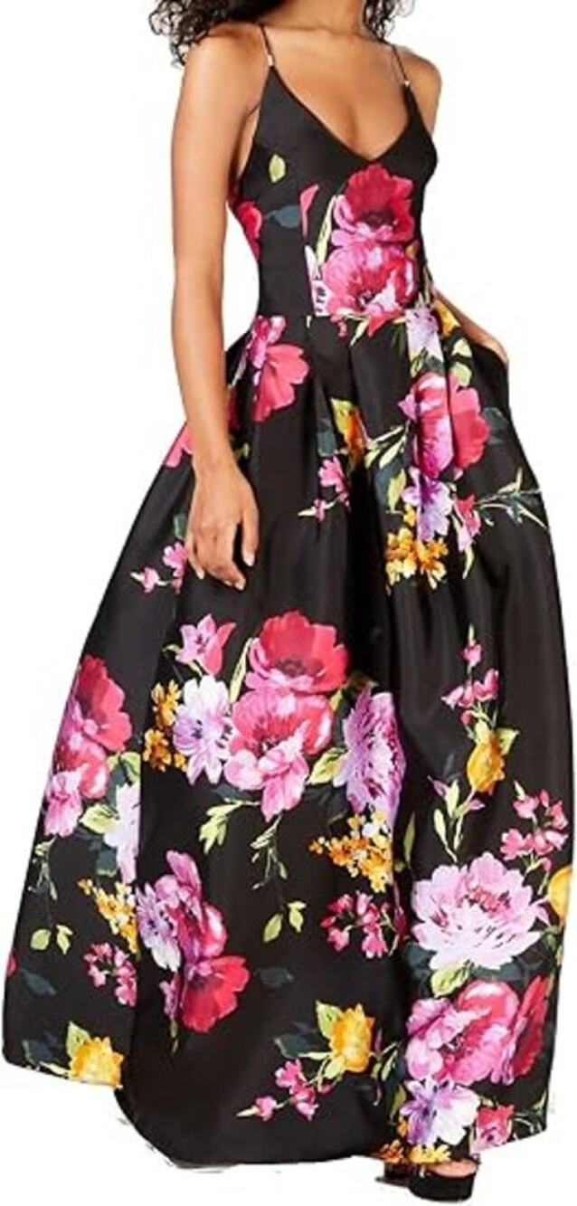 BCX Dark Floral Criss Cross Back Fit Flare Maxi Dress Juniors Size 1 Formal